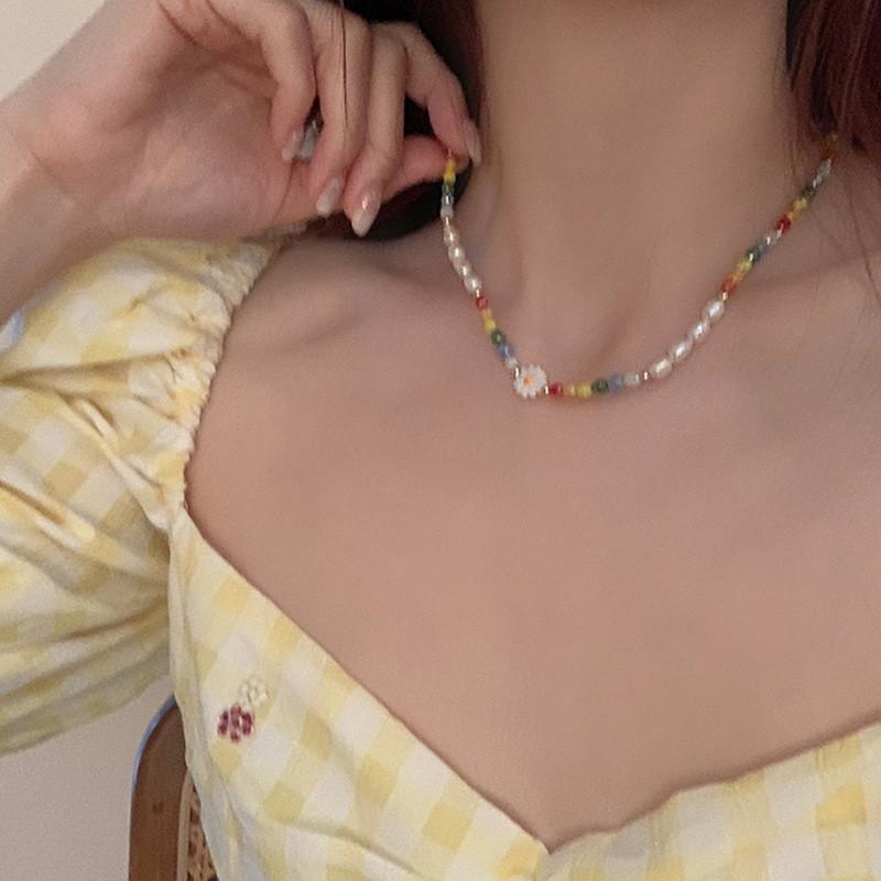 iF ME Colorful Artificial Pearls Daisy Necklace for Women Adjustable Summer Feeling Necklaces Accessories Gift