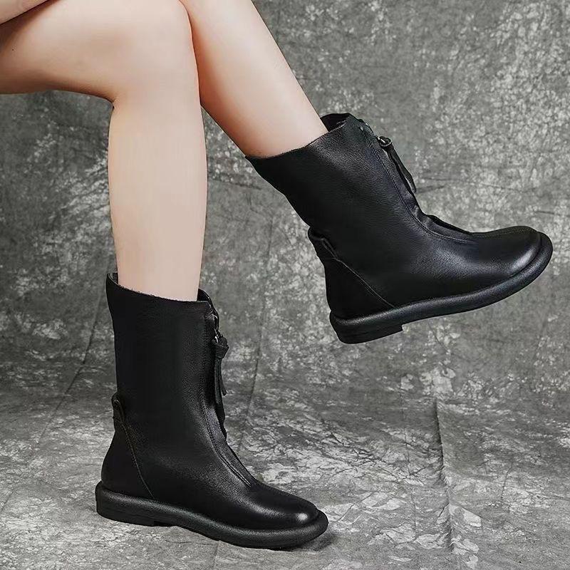 Autumn Winter Round Toe Flat Fleece-Lined Black Leather Ladies Mid Calf Shoes Fashion Trend Luxury Women's Half High Boots