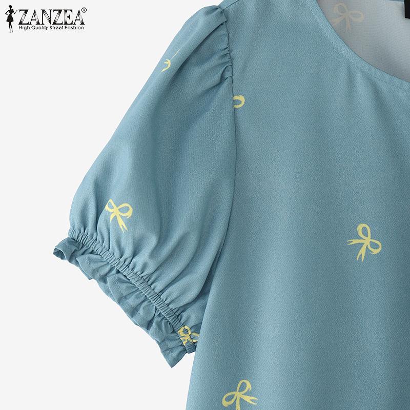 ZANZEA Blusa informal de verano con cuello redondo y manga corta estampada para mujer