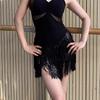 Damen Sommer Latin Dance Outfit: Spaghetti-Träger Pailletten Fransen Oberteil & Halber Rock