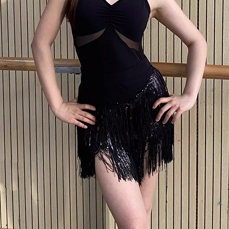 Damen Sommer Latin Dance Outfit: Spaghetti-Träger Pailletten Fransen Oberteil & Halber Rock