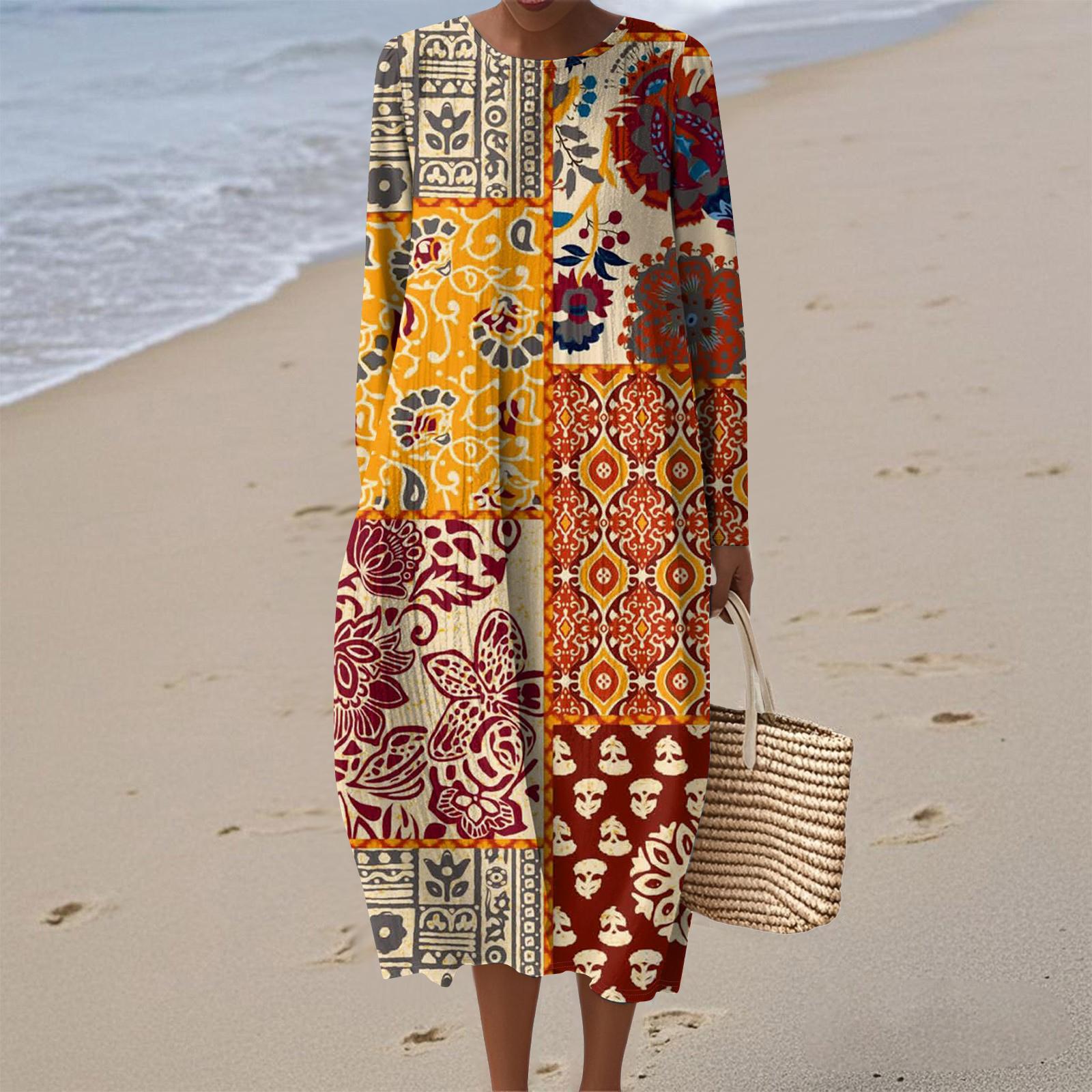 

Женское модное повседневное платье с длинными рукавами, круглым вырезом, ретро геометрическим принтом, элегантное XL жёлтый