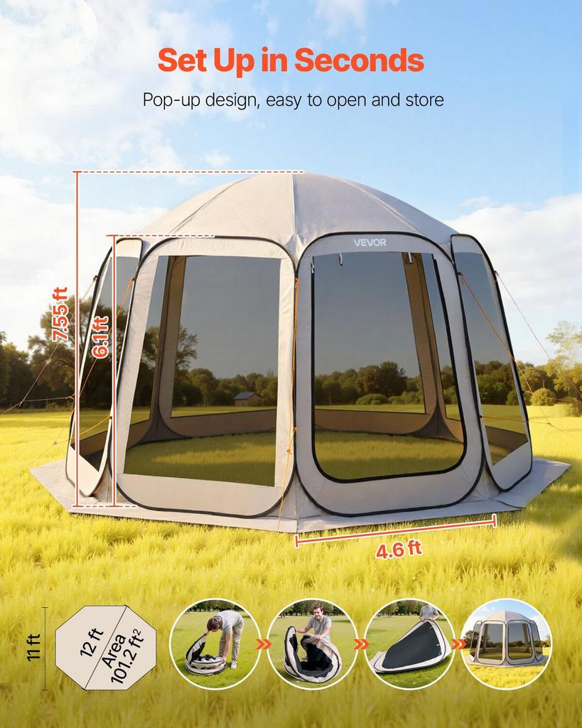 Screen House Tent, 3660 x 3380 x 2300 mm, 10-12 Person Pop Up Screen Tent, Portable Screened in Canopy with Carry Bag, Netting Sides, Ground Stakes,