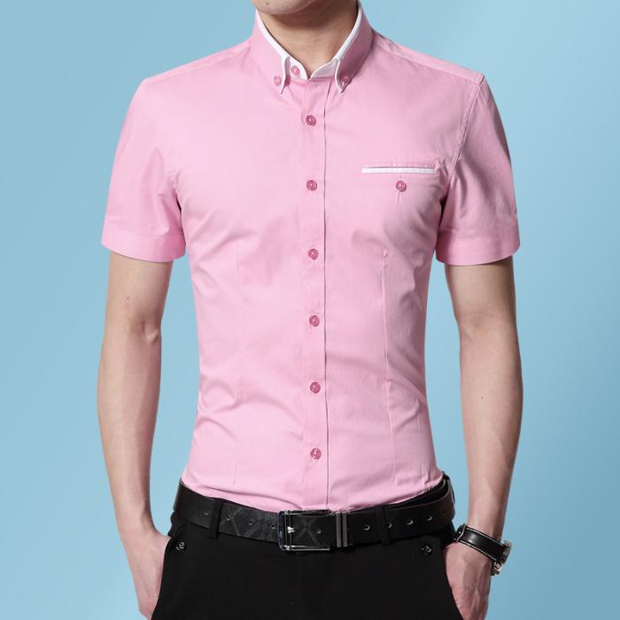 

2026 New Summer Cotton Business Men s Short Sleeved Shirt Pocket Lapel Thin Formal Suit Dress Shirts Male Brand Clothing 5XL рожевий