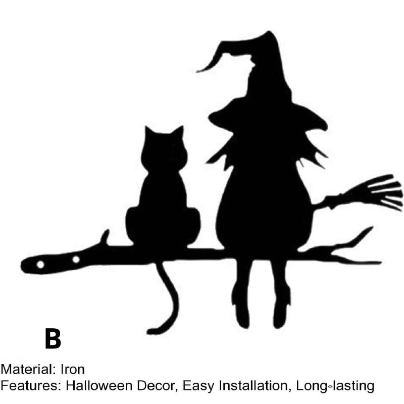 Halloween Black Cat Witch Broom Silhouette Garden Outdoor Stake Statue Decor