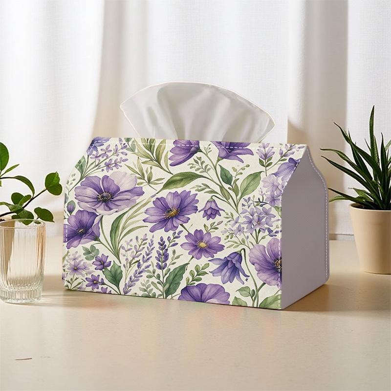 1pc 2D Flat, Purple Floral Style Living Room Bedroom Daily Use Tissue Box Multifunctional Napkin Holder, Suitable for Home, Car, and Party Decoration,