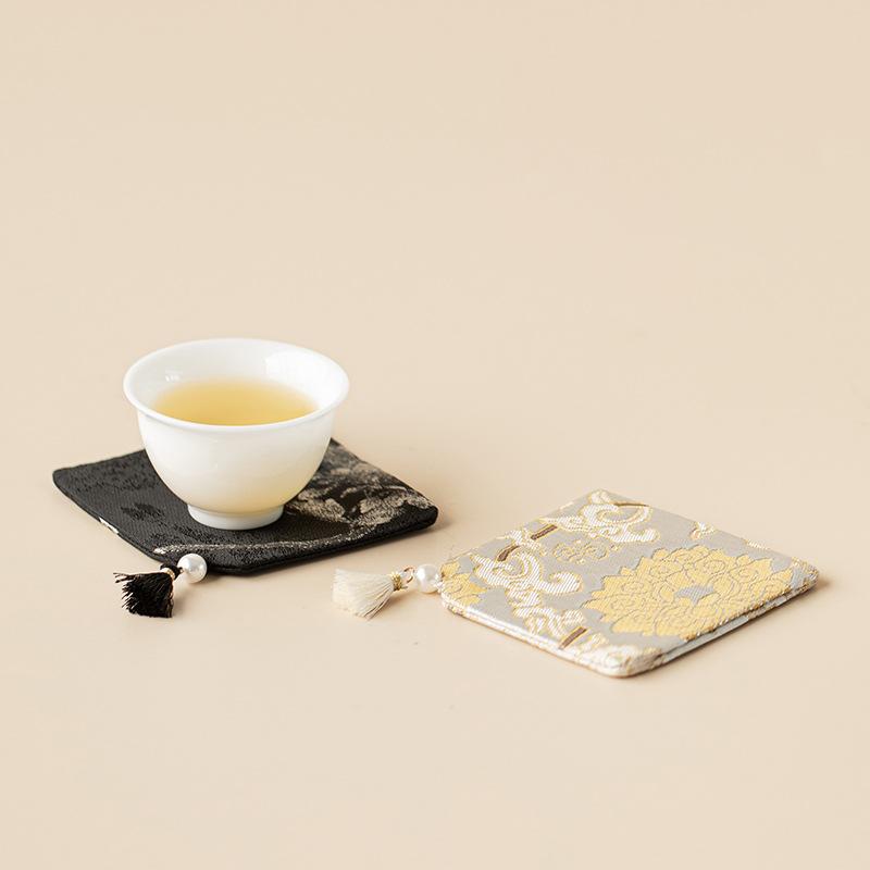 25 New Sifang Brocade Tassel Coaster Fabric Household Teacup Mat Tea Set Insulation Mat Premium Tea Ceremony Accessories