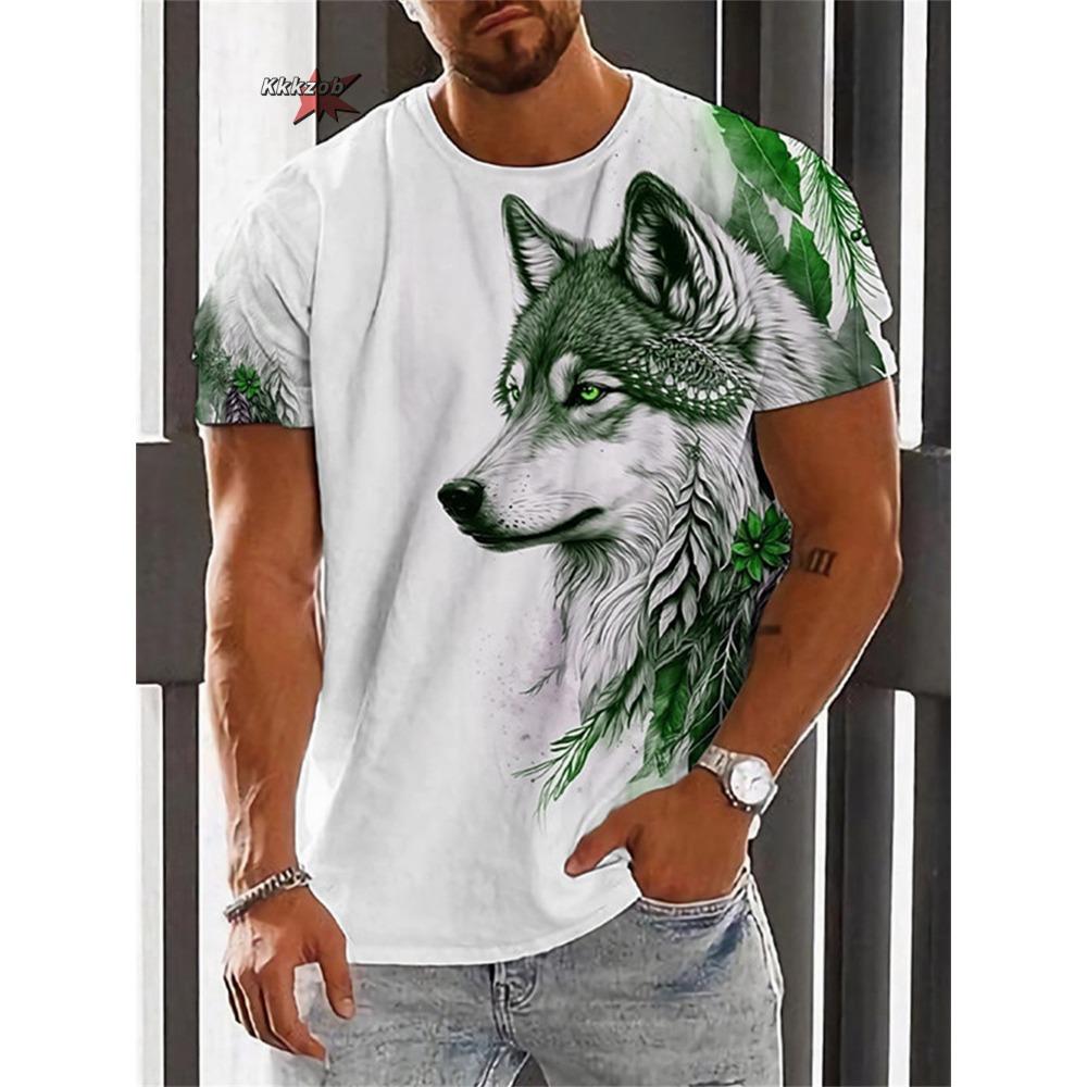 Summer Wolf Fire Dragon Printed Men's T-shirt Men's Printed Fashion Festival Round Neck Men's Short Sleeve Outdoor Street Casual T-shirt