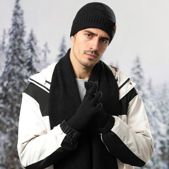 Men's Winter Hat Scarf Gloves Set 3 Pcs Warm Skull Cap Long Scarf Fleece Lined Gloves Set for Cold Weather