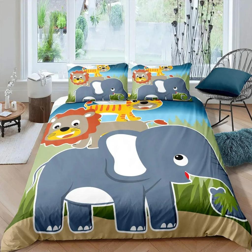 Cartoon Tiere Bettbezug Set King Size Savanne Tropischer Wald Dschungel Wildtiere Bettwäsche Set Kinder Zoo Polyester Bettdeckenbezug