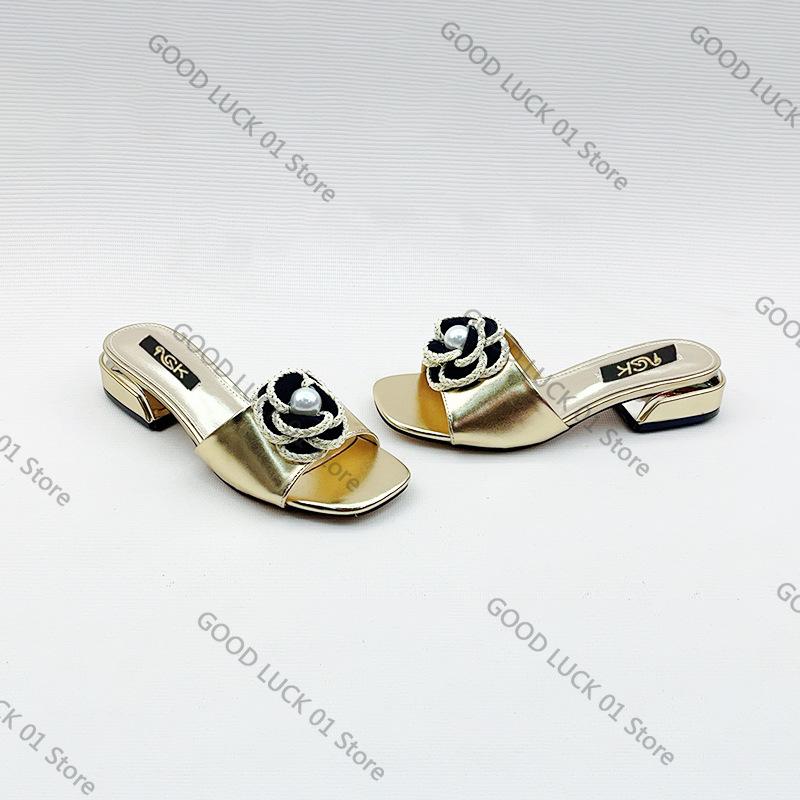 Fashion 2025 European and American New Thick Heel Round Head Flower Cool Slippers Single Shoes Women's