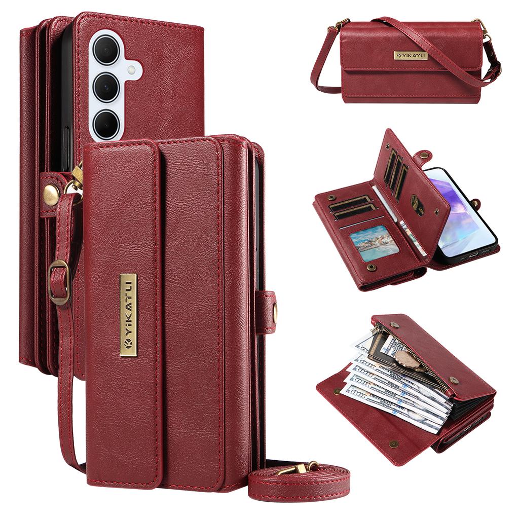 Pro Samsung Galaxy A55 5G Pouzdro YIKATU YK-008 Kožený kryt na telefon s peněženkou na zip a ramenním popruhem
