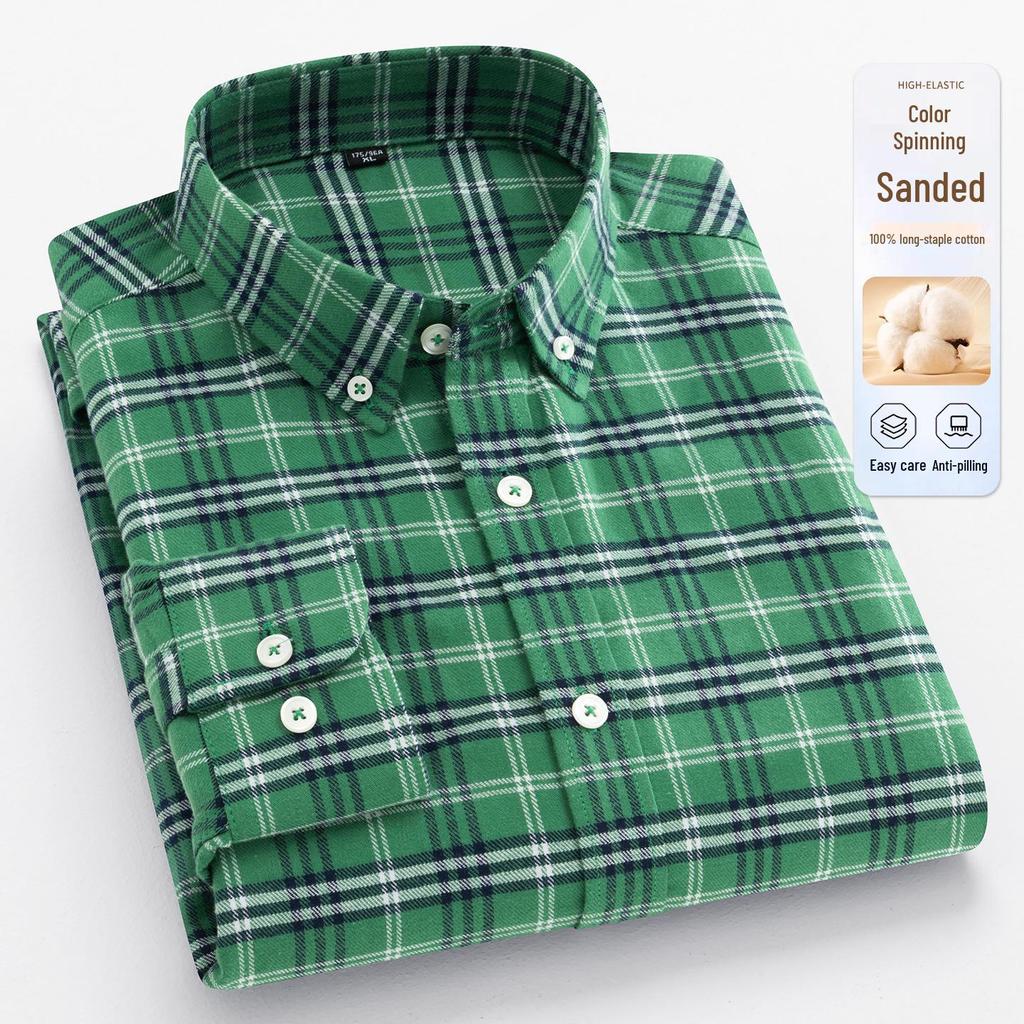 Brand Men's Pure Cotton Brushed Plaid Long Sleeve Shirt - High-End, Versatile, Casual, Thick Style for Youth