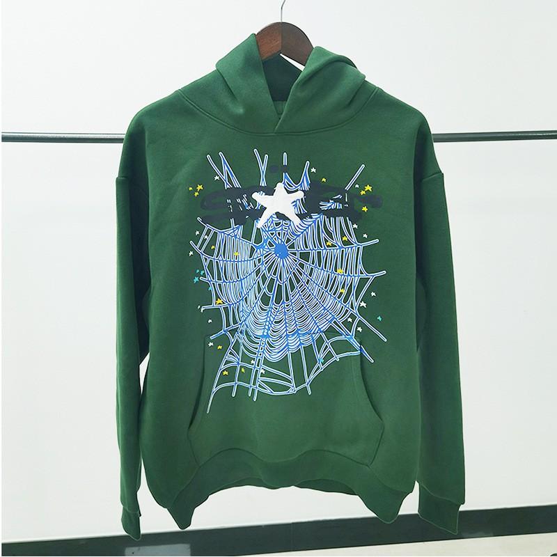 Felpa Sp5der Oversize Spessa in Pile con Stampa a Foglia Ragnatela Design Uomo Inverno Casual