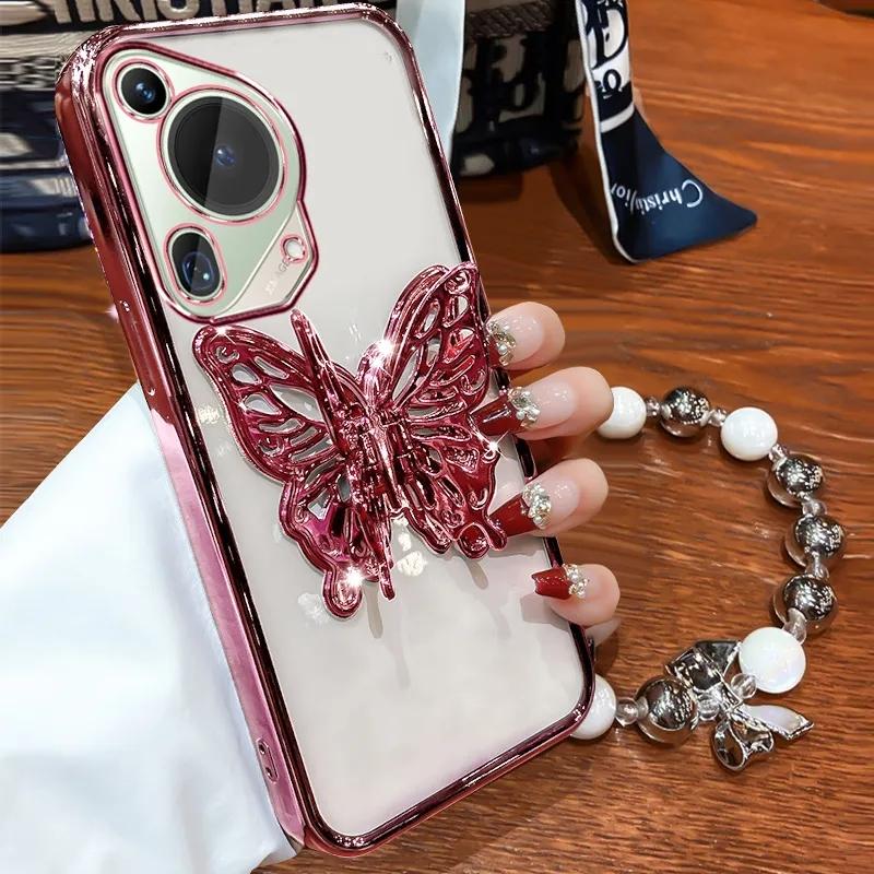 3D Butterfly Phone Holder Bead Bracelet Glitter Plating Case for Huawei Pura 70 Ultra P60 P50 P40 P30 P20 Lite Pro Back Cover