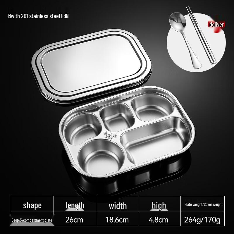 Food-Grade 304 Stainless Steel European Deep 5-Compartment Meal Tray