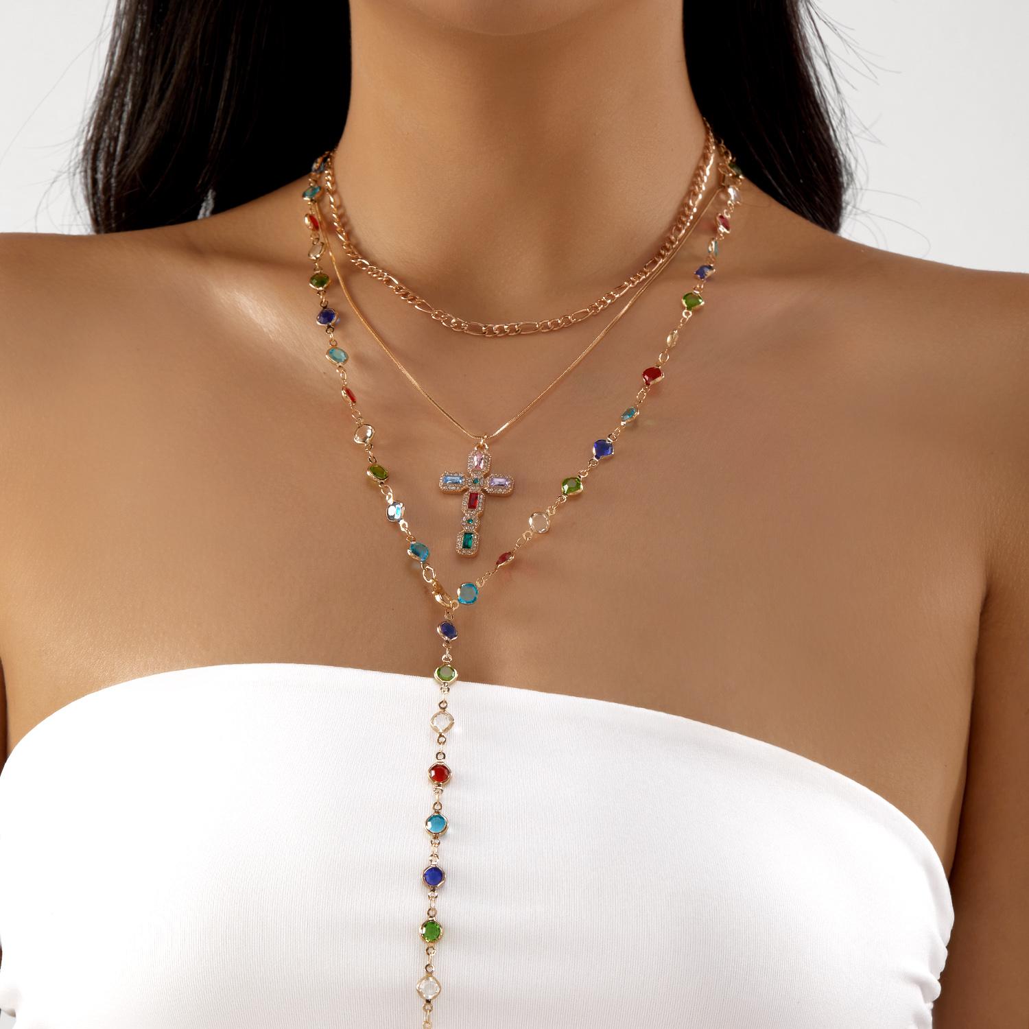

Boho Layered Gold Color Chain Necklace for Women Colorful Crystal Cross Pendant Choker Aesthetics Y2K Trend Jewelry Party Gift