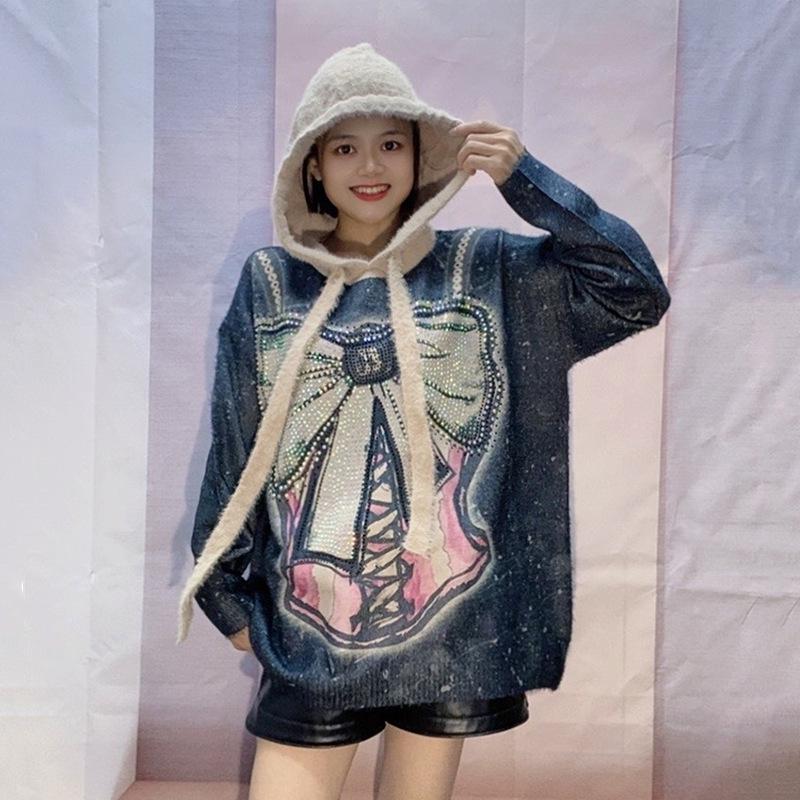 Women's Autumn Winter Bowknot Hooded Sweater: High-End Knitwear, Lazy Style, Loose Fit, Plus Size, Slimming Top