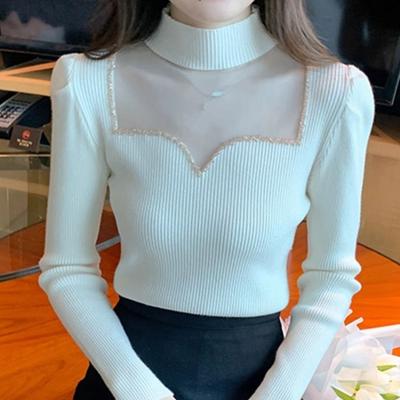 Half High Neck Mesh Fashion Base Shirt for Women Autumn and Winter Korean Version Slim Fit Versatile Sweater Knitted Top