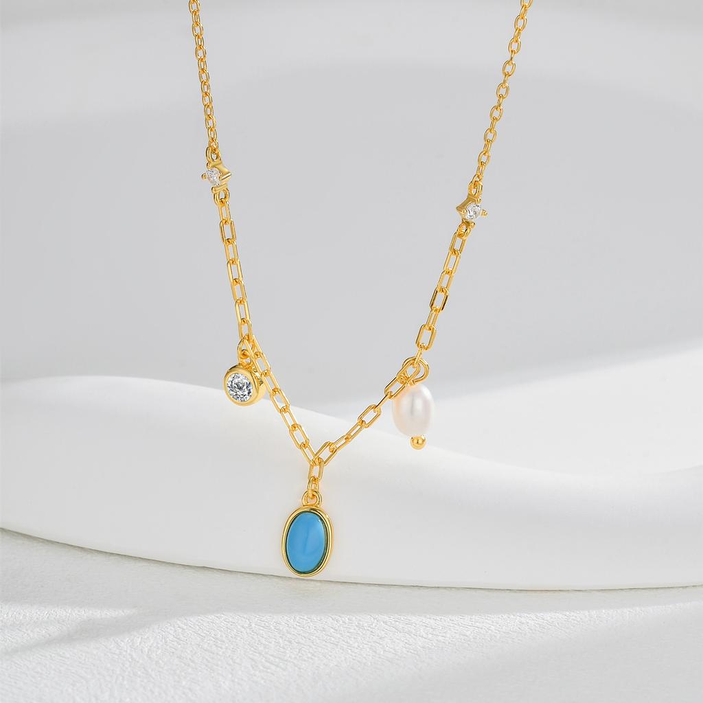 Fine Sterling Silver Gold Plated Zircon Pearl Charm Pendant Necklace for Women