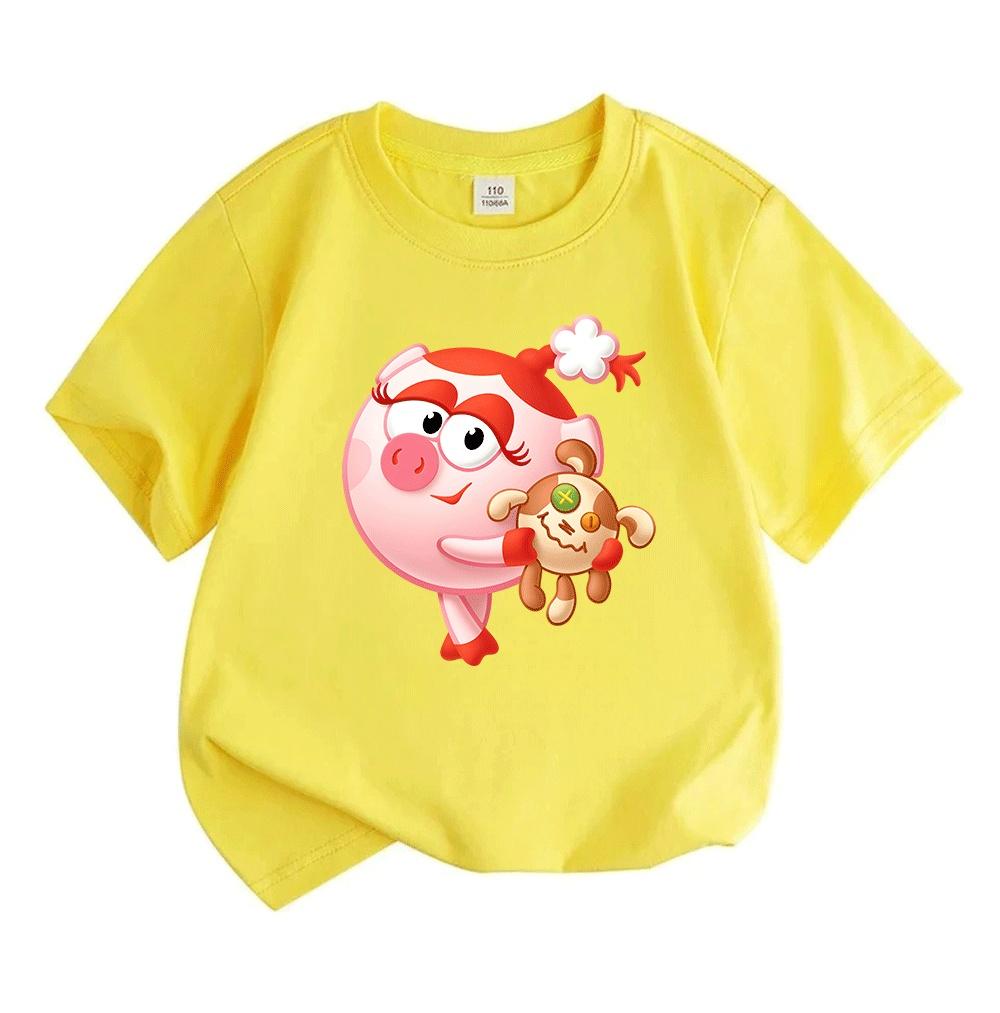 Kids Boys Girls Crew Neck Short Sleeve 100% Cotton T-Shirt Cute Cartoon Pink Pig Character Print Casual Soft Breathable Tees for Toddlers