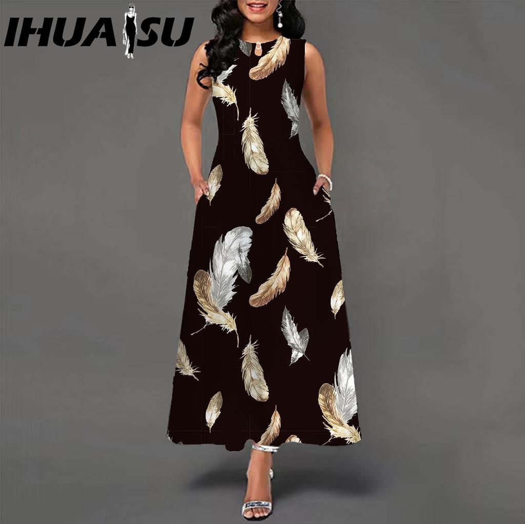 IHUASU 48 Farben Neues Damen Lockeres Vintage Blumenmuster Rüschenkleid Befree Kleid Großes Sommerparty Tanktops Elegante Maxikleider