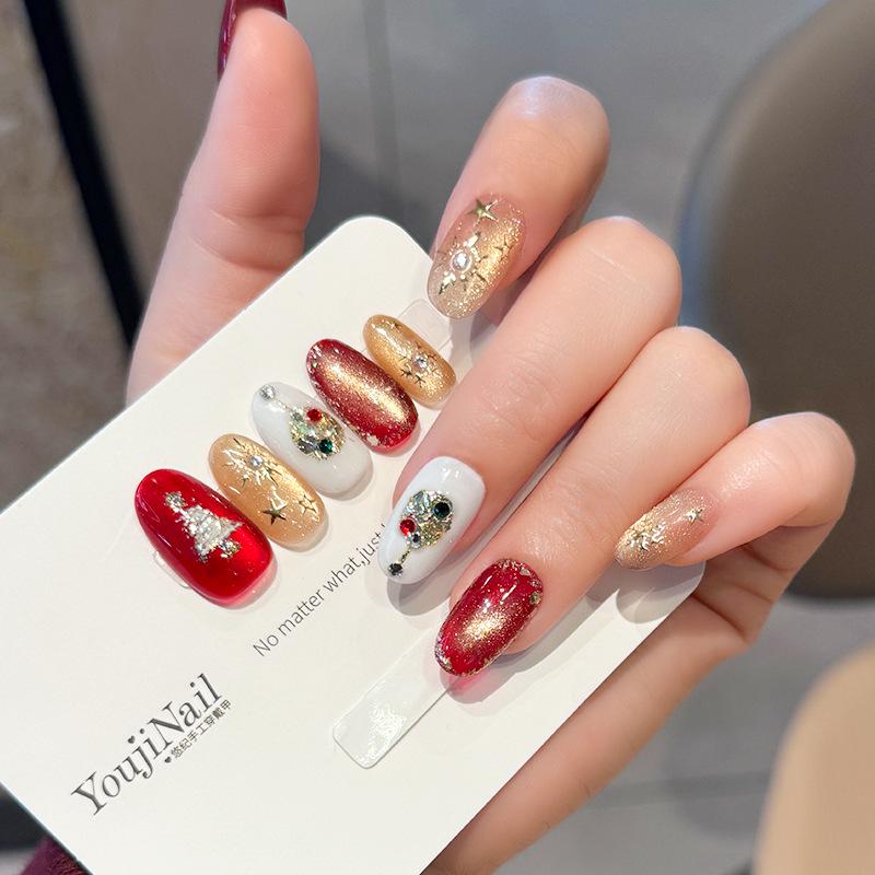 

Xiaohongshu Christmas Ruby Jade Glitter Handmade Whitening Wearable Nails Medium