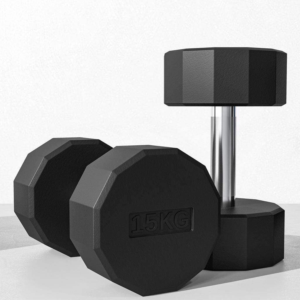 Set of 2 12-Sided Dumbbells 15 Kg In Metal and Rubber with Non-Slip Grip, 26x15.5x15.5 Cm, Black
