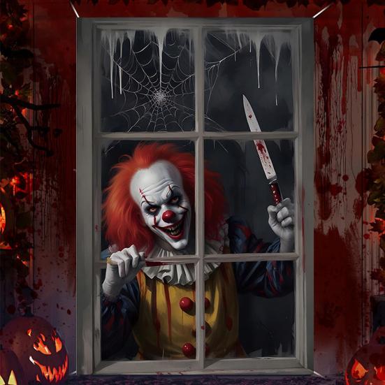 Halloween Window Cover Spooky Ghost Zombie Window Poster Clings Scary Hanging Background Decor for Halloween Party Supplies