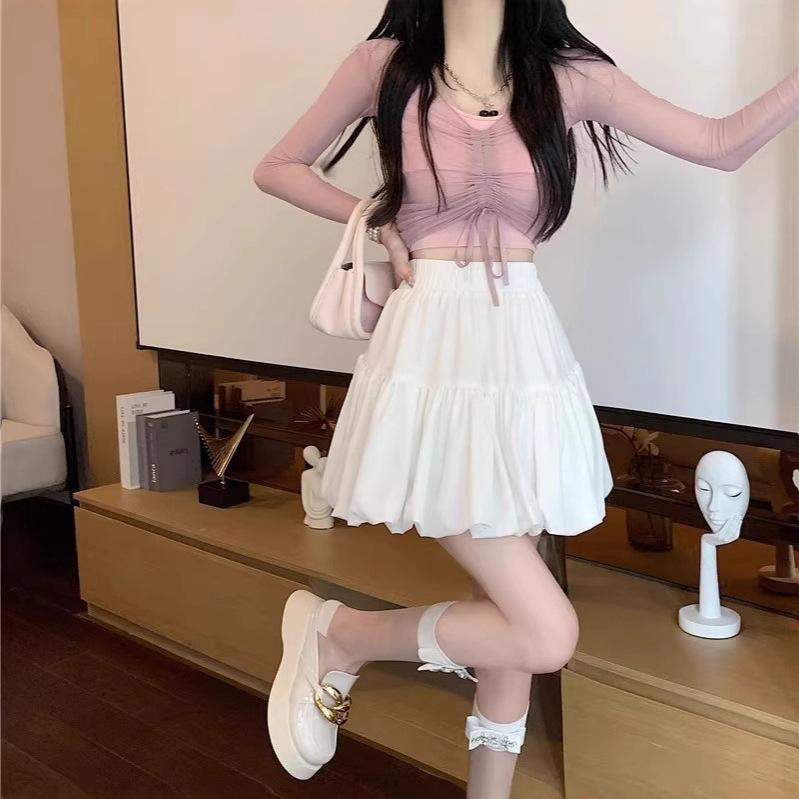 Women's High Waist A-line Skirt: White Flower Fluffy Bubble Petite Cake Style (Summer 2026)