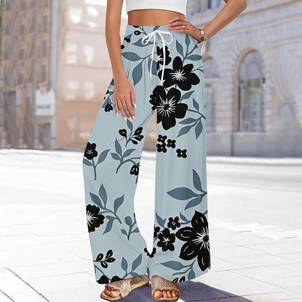 Women's Printed Wide Leg Pants With Pockets High Waist Drawstring Loose Casual Pants
