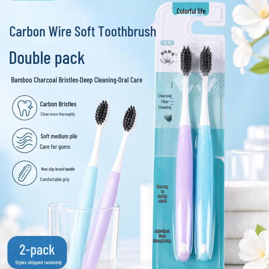 Charcoal Fiber Soft Bristle Bamboo Toothbrush - Double Pack with Non-Slip Handle for Home Use