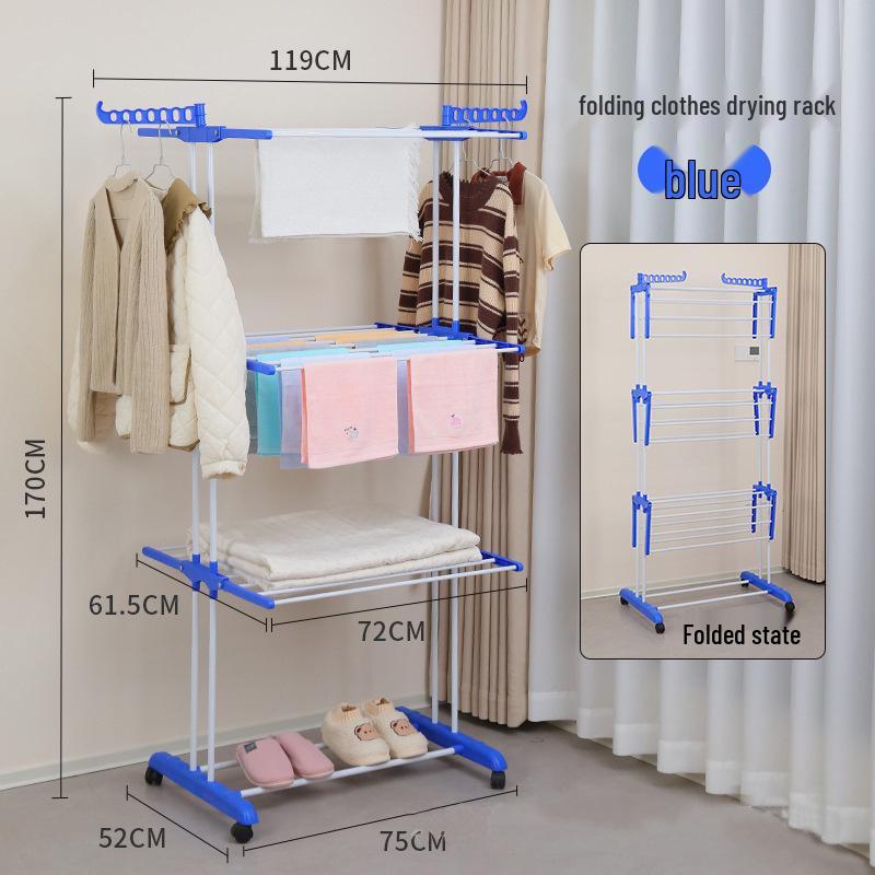 Portable Double-Pole Floor Clothes Drying Rack with Three-Layer Towel Holder, Foldable and Retractable Wing Design