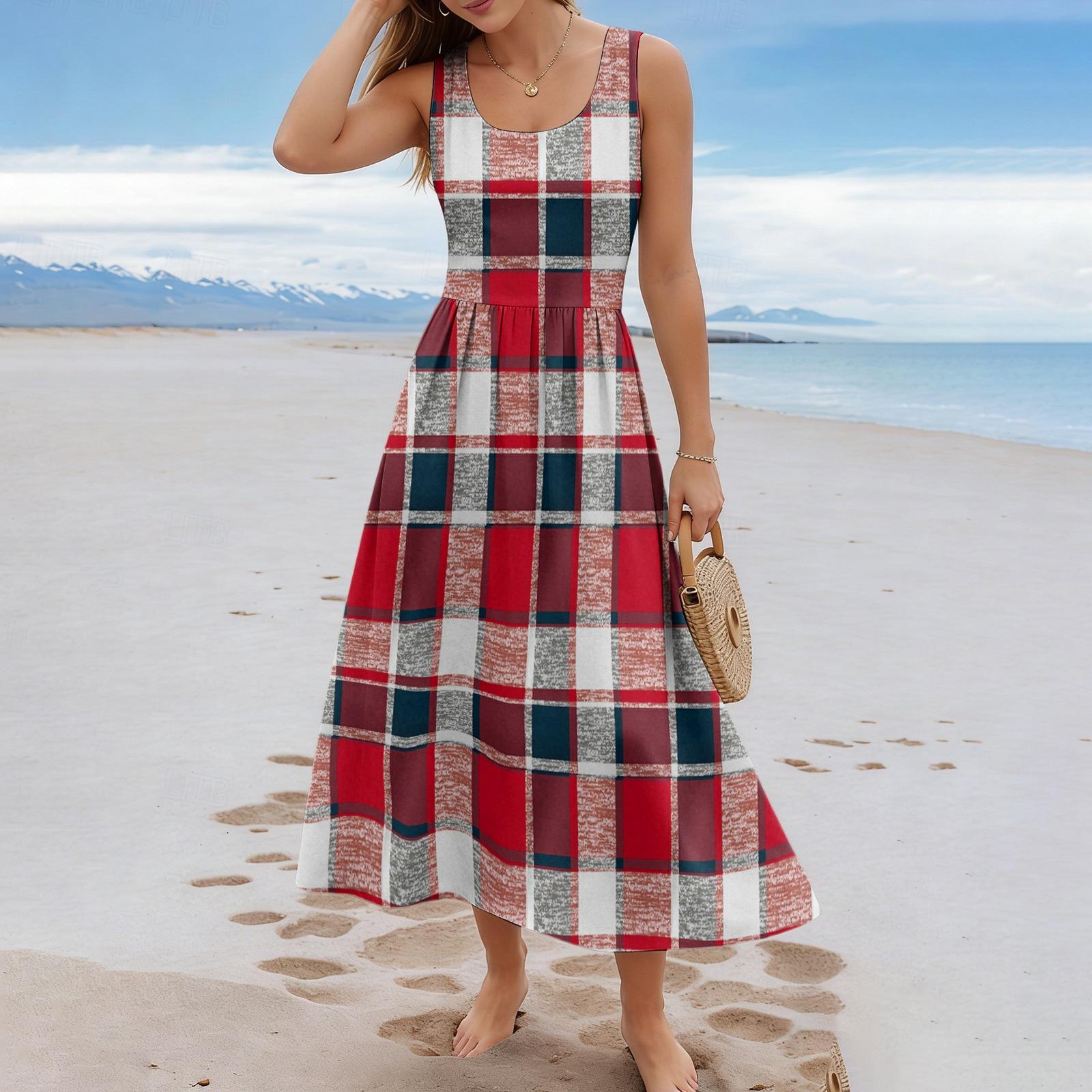 

Ladies checkered summer casual and fashionable sleeveless long dress XL червоний