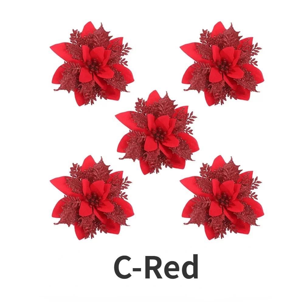 20/5PCS Artificial Glitter Christmas Flowers with Clip Xmas Tree Hanging Ornament Fake Flower New Year Party Home Decor Supplies