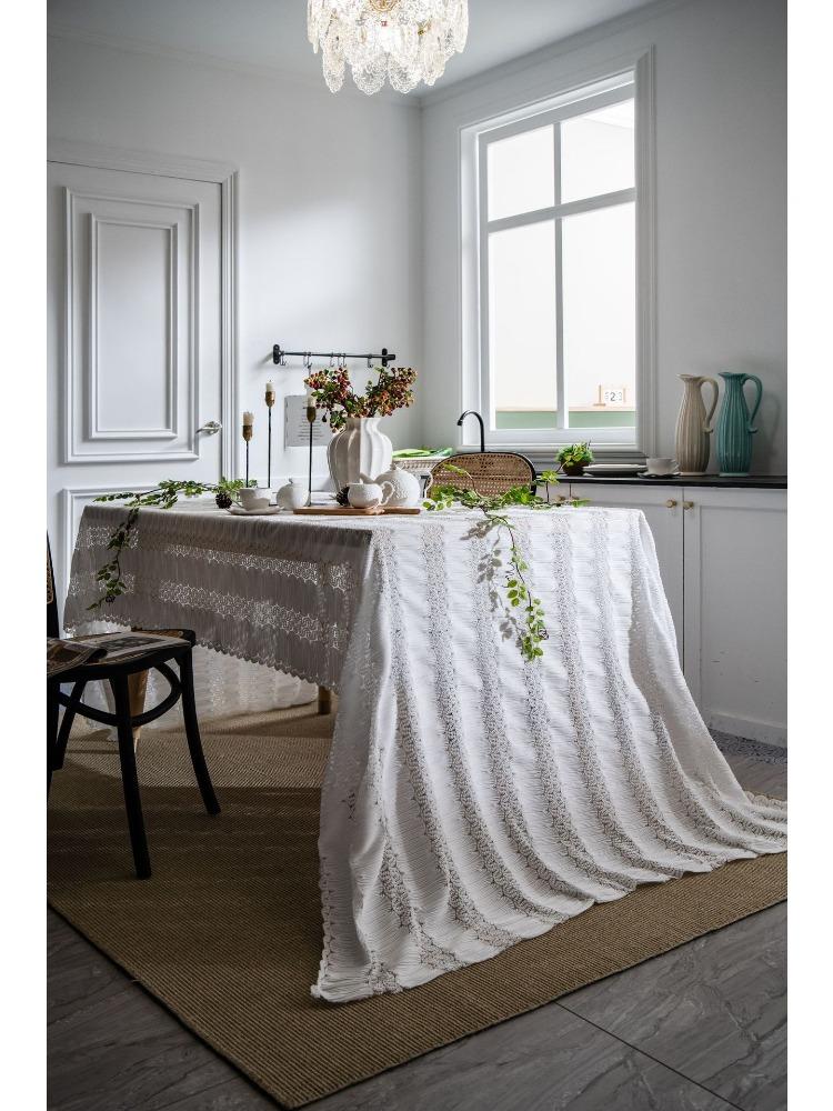 French Retro Jacquard Lace White Tablecloth Household Rectangular Coffee Table Dining Table Fabric Hollow