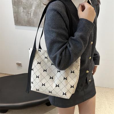 Underarm Bag Corduroy Bow Print Fashion Casual Shoulder Bag Portable Large Capacity Tote Bag