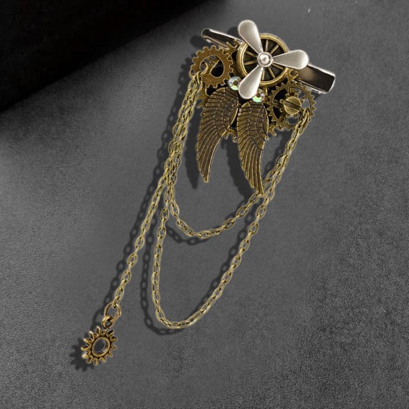 Elaborate Industrial Style Hairpin Wing Brooch Hair Jewelry Metal Gears Propeller Design For Role Play