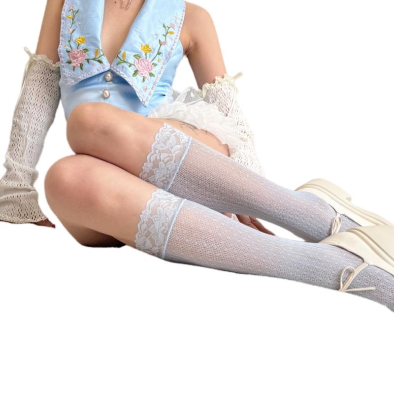 Womens Lace Knee Highs Socks Girls Ruffle Knee Highs Sheer Trouser Socks Mesh Fishnet Stockings Over the Calf Socks
