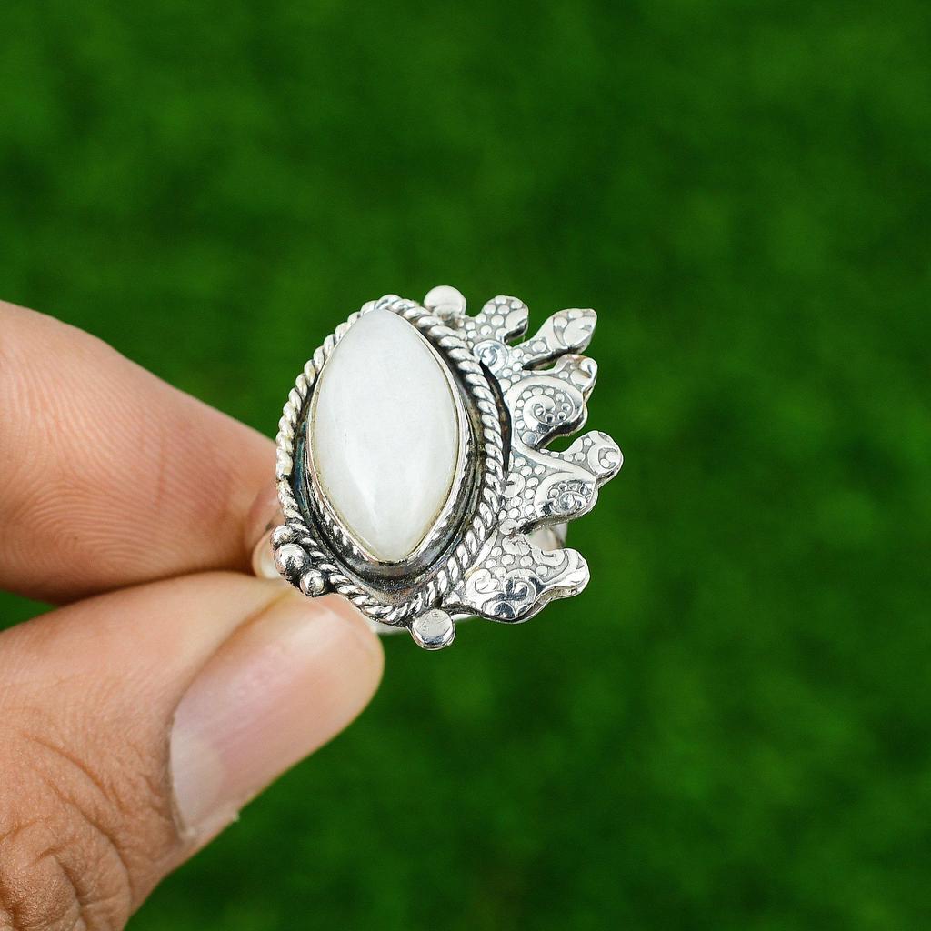 Natural Rainbow Moonstone 925 Silver Stackable Adjustable Ring For Girls