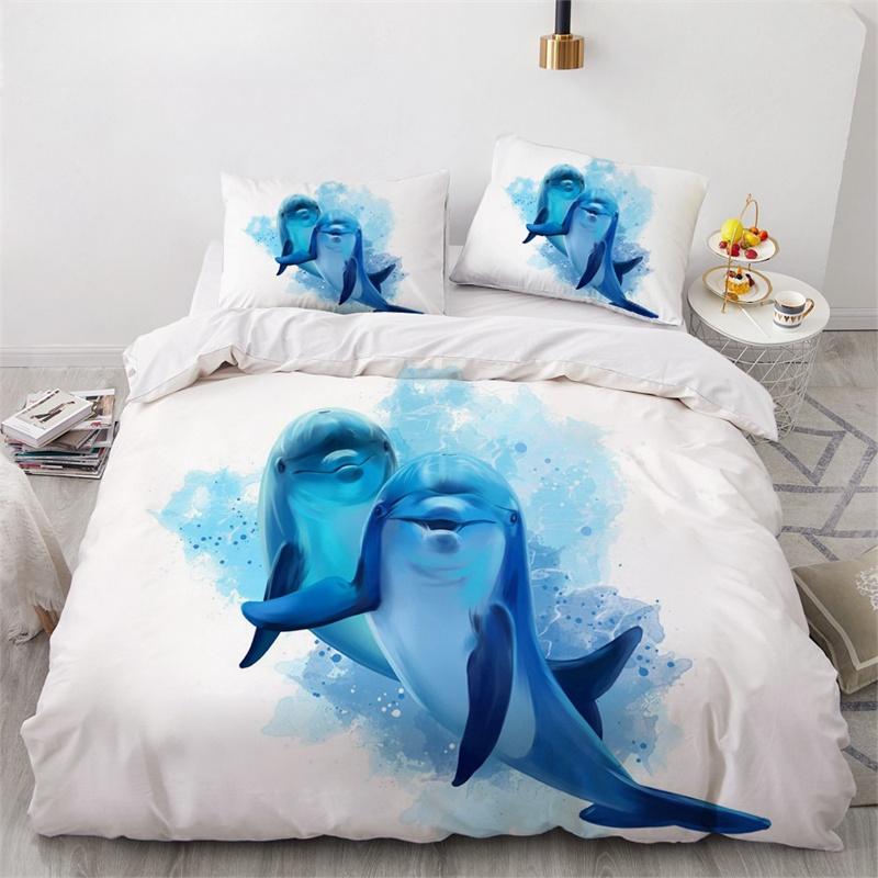 Dolphin Ocean King Queen Duvet Cover Cute 3D Sea Animal Bedding Set for Kids Teens Adults Shoal of Fish Blue 2/3pcs Quilt Cover