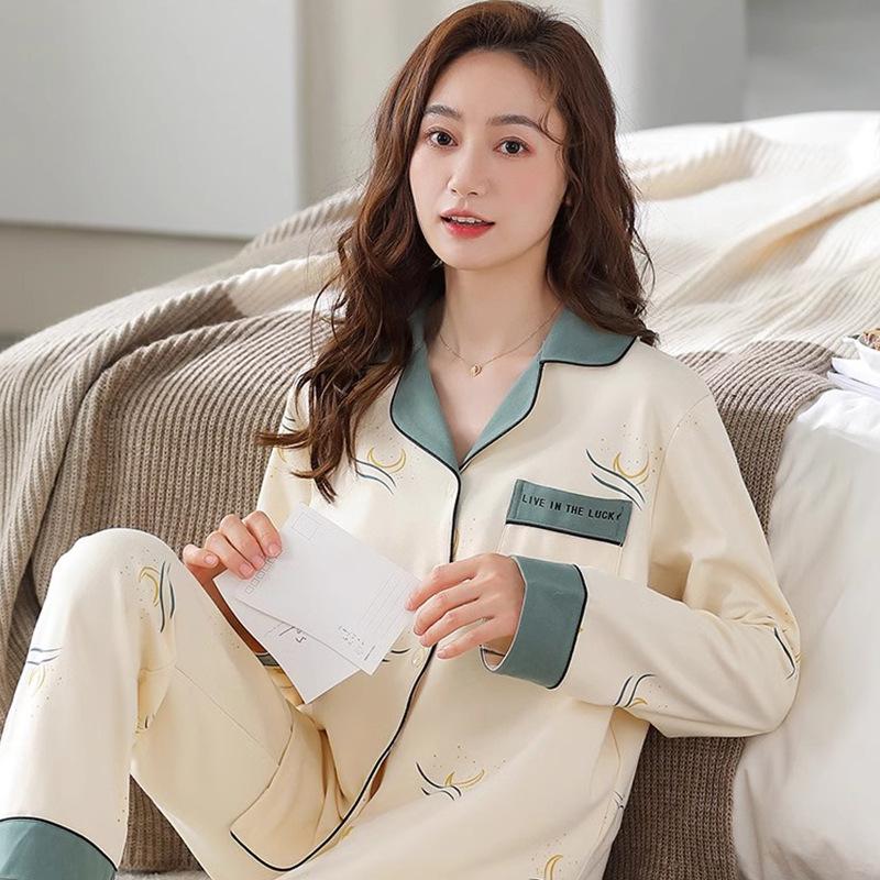 Spring, Autumn And Winter Pajamas Women'S Japanese Simple Cardigan Long-Sleeved Trousers Loose Large Size Can Be Worn Outside Loungewear Two-Piece Set