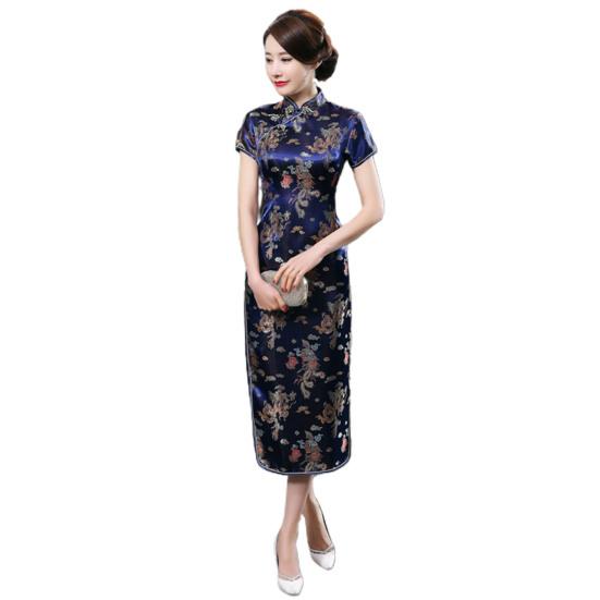 

Женские нижние юбки больших размеров Cheongsam в китайском стиле, винтажное атласное изысканное летнее Qipao для сценического шоу 2XL темно-синий