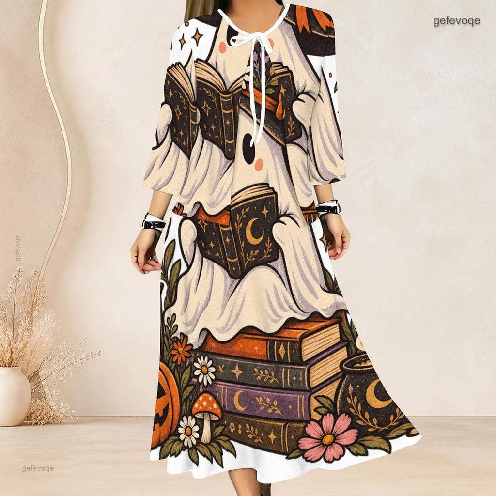 Women Plus Size Two Piece Set Halloween Printed Three Quarter Sleeve Cardigan Sleeveless Long Dress