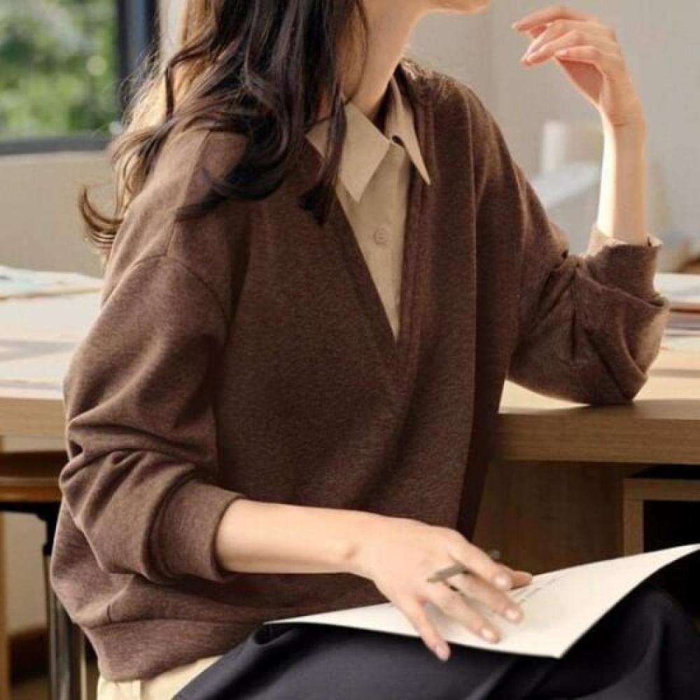 Navava Women Casual Layered Two In One Collar Long Sleeve Sweatshirt Nt3171