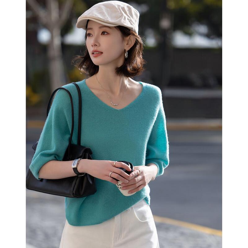 Women's 100% Merino Wool V-Neck Short Sleeve Knit Sweater