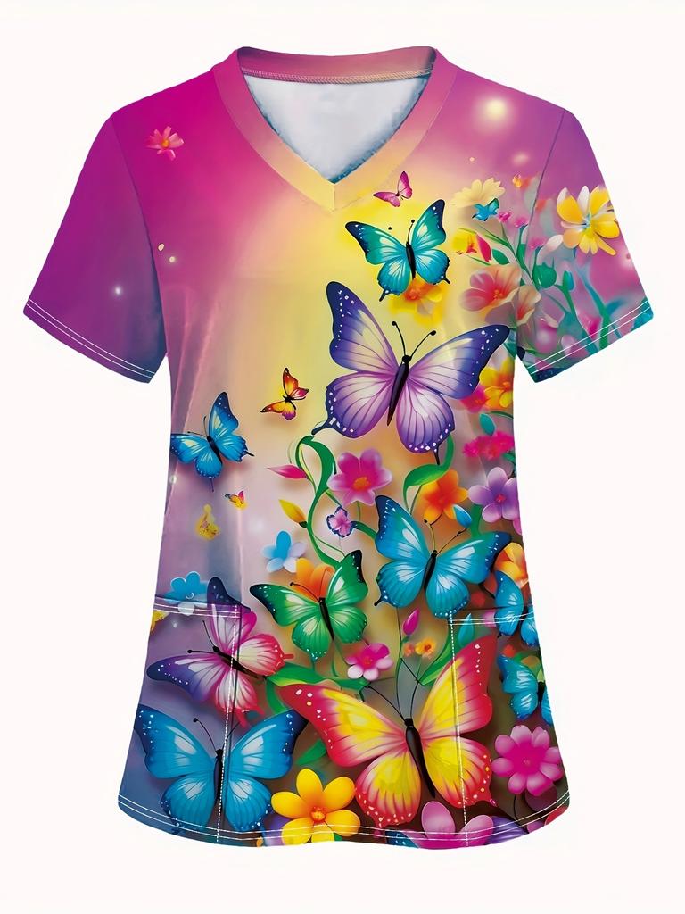 Fashion butterfly Short-Sleeve TShirt Commuting Work V-Neck Top Short Sleeves Woman