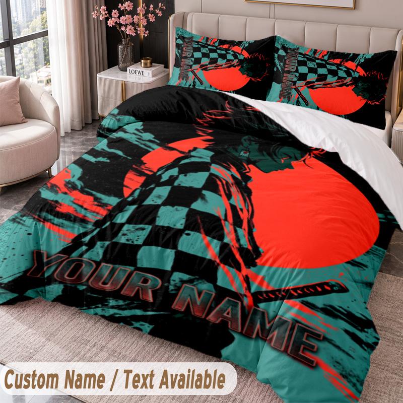 Custom Name Text 3Pcs Bedding Set Demon Slayer Duvet Cover And Two Pillowcases