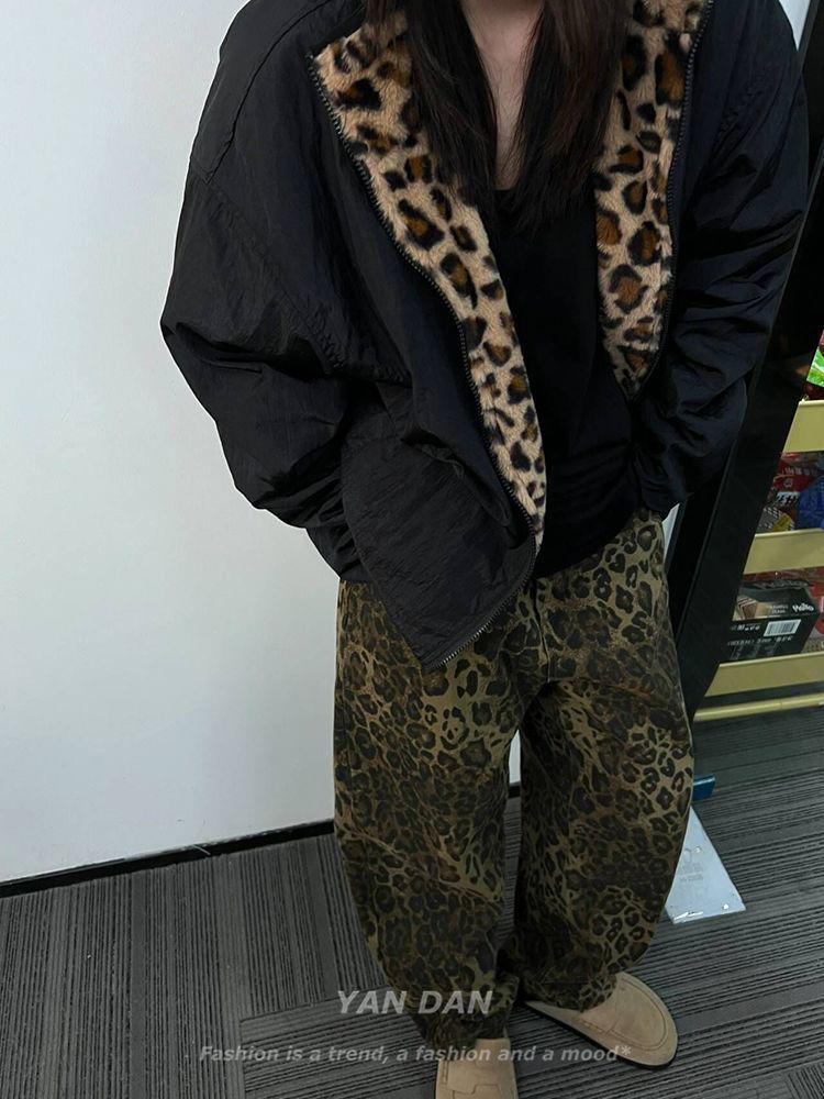 Men's Trendy Vintage Leopard Print Reversible Cotton Jacket with Thickened Anti-Rabbit Fur - American Retro Winter Coat
