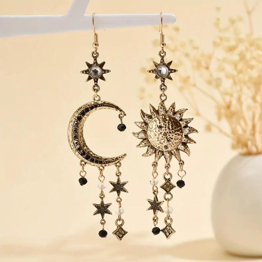 Sun Moon Stars Bohemian Dangle Earring Sparkling Rhinestone Metal Asymmetrical Pendant Earrings Long Tassel Tassel Drop Earrings